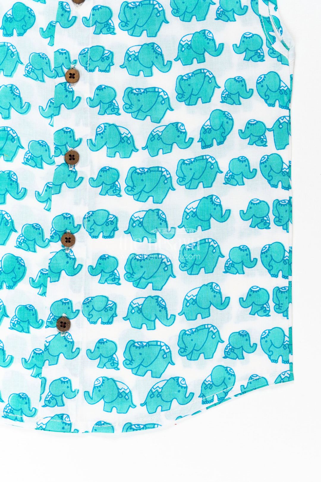 The Nesavu Baby Jablas Jablas for Newborn Boys Sleeveless Cotton Shirt with Cute Elephant Digital Print in Teal and White Nesavu Jablas Newborn Boys Cotton Sleeveless Shirt Teal Elephant Digital Print Wooden Buttons | The Nesavu