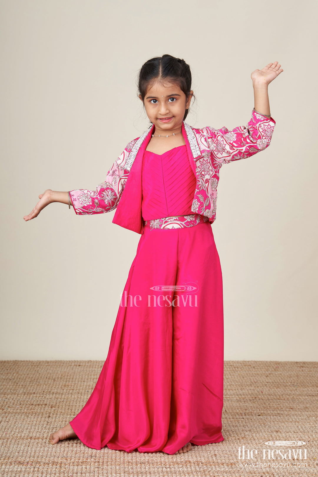 The Nesavu Girls Sharara / Plazo Set Jacket-Style Girls Sharara Set with Embroidered Detailing for Festive Layering Nesavu 22 (4Y) / Pink GPS870A-22 Nesavu layered sharara set girls embroidered jacket pleated top
