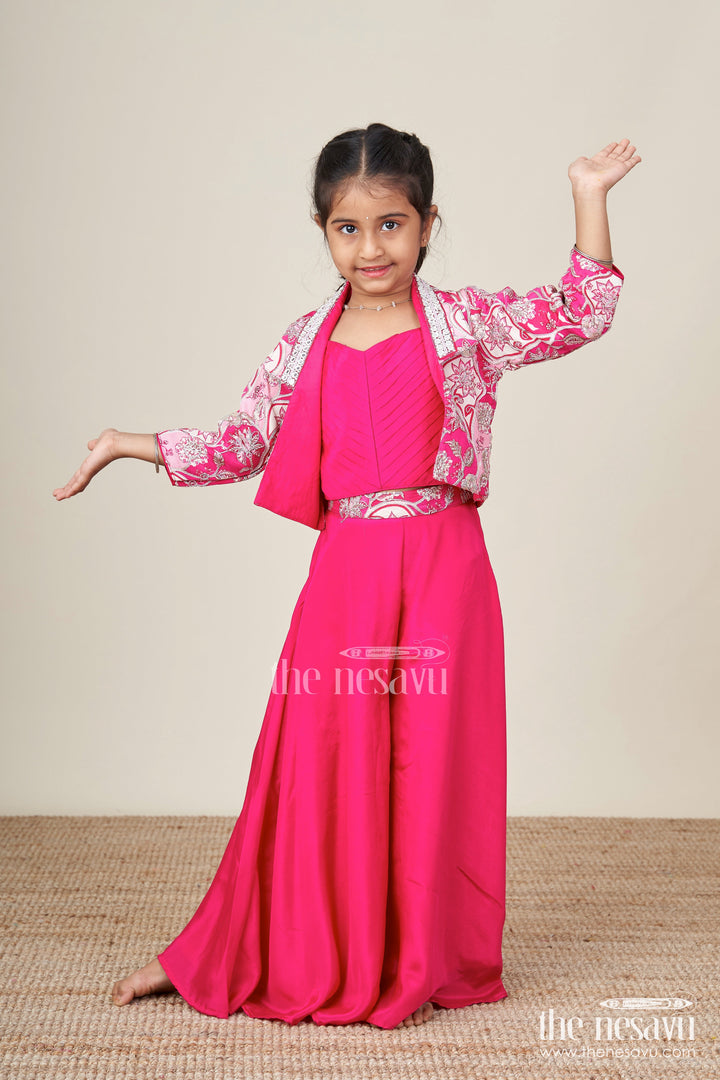The Nesavu Girls Sharara / Plazo Set Jacket-Style Girls Sharara Set with Embroidered Detailing for Festive Layering Nesavu 22 (4Y) / Pink GPS870A-22 Nesavu layered sharara set girls embroidered jacket pleated top