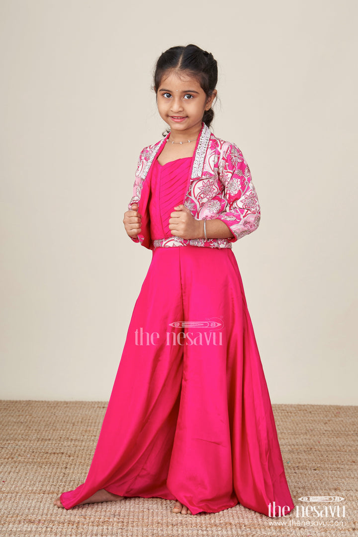 The Nesavu Girls Sharara / Plazo Set Jacket-Style Girls Sharara Set with Embroidered Detailing for Festive Layering Nesavu Nesavu layered sharara set girls embroidered jacket pleated top