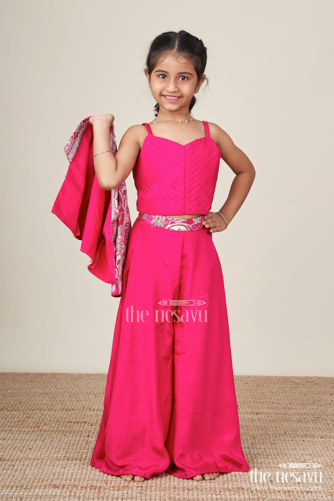 The Nesavu Girls Sharara / Plazo Set Jacket-Style Girls Sharara Set with Embroidered Detailing for Festive Layering Nesavu Nesavu layered sharara set girls embroidered jacket pleated top