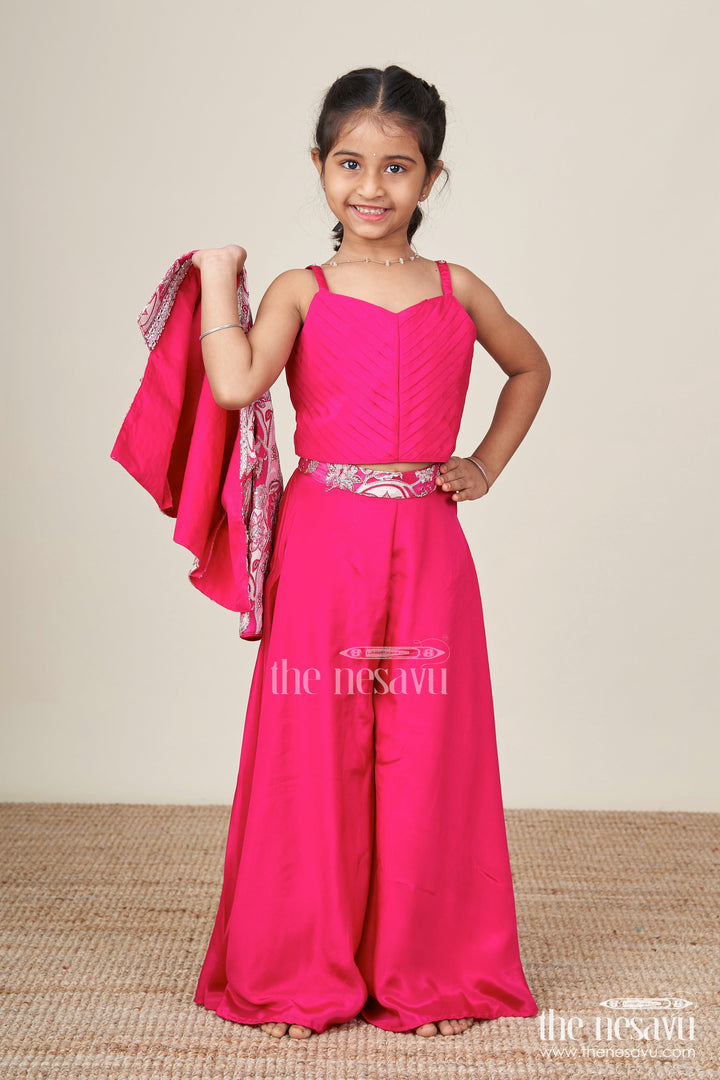 The Nesavu Girls Sharara / Plazo Set Jacket-Style Girls Sharara Set with Embroidered Detailing for Festive Layering Nesavu Nesavu layered sharara set girls embroidered jacket pleated top