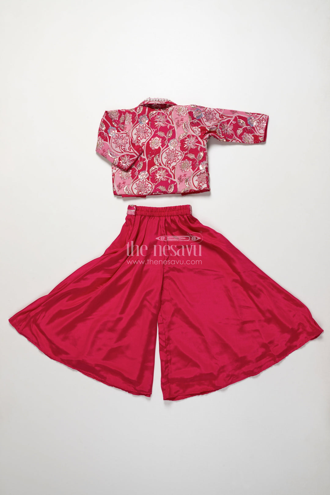 The Nesavu Girls Sharara / Plazo Set Jacket-Style Girls Sharara Set with Embroidered Detailing for Festive Layering Nesavu Nesavu layered sharara set girls embroidered jacket pleated top