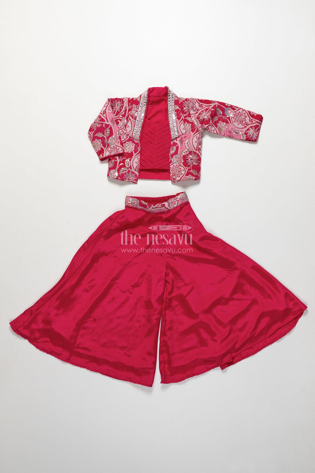 The Nesavu Girls Sharara / Plazo Set Jacket-Style Girls Sharara Set with Embroidered Detailing for Festive Layering Nesavu Nesavu layered sharara set girls embroidered jacket pleated top
