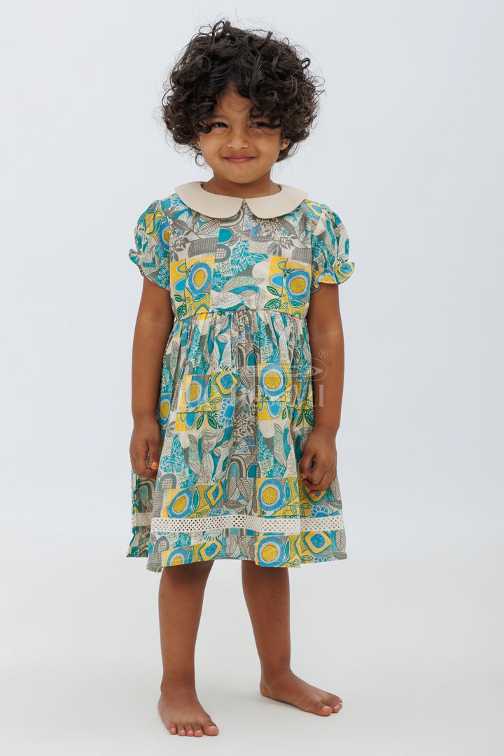 The Nesavu Girls Cotton Frock Jaipur Cotton Print Puff Sleeve Frock - Blue and Yellow Nesavu 10 (NB) / Blue GFC1358A-10 Nesavu Jaipur Cotton Print Puff Sleeve Frock - Blue and Yellow for Girls