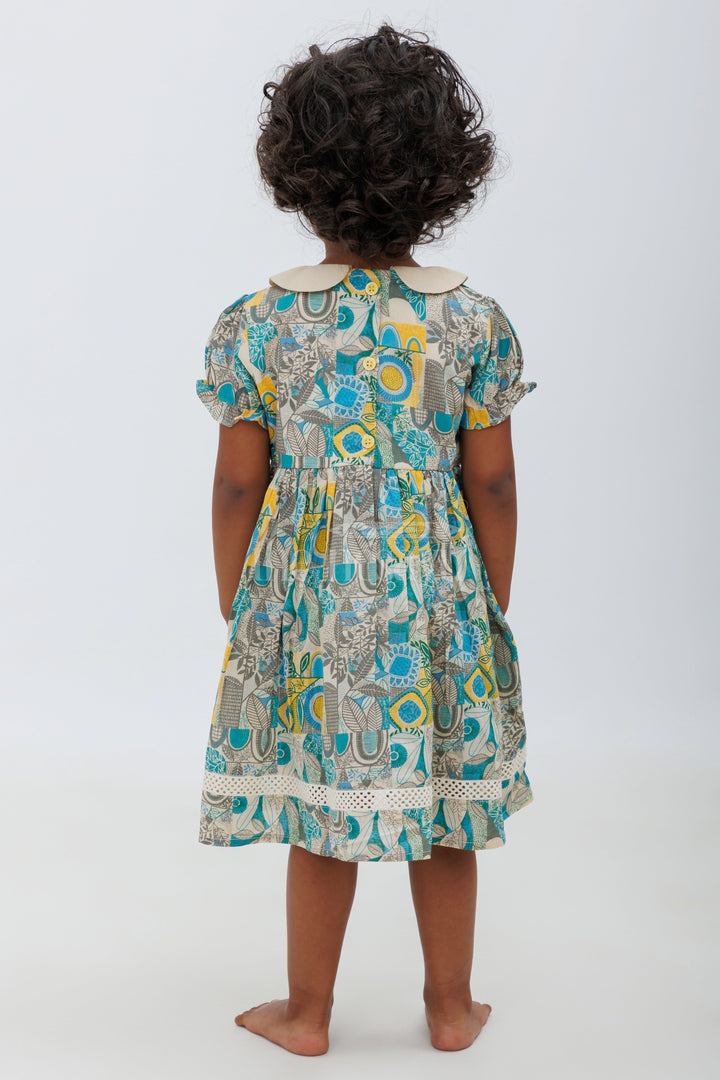 The Nesavu Girls Cotton Frock Jaipur Cotton Print Puff Sleeve Frock - Blue and Yellow Nesavu Nesavu Jaipur Cotton Print Puff Sleeve Frock - Blue and Yellow for Girls