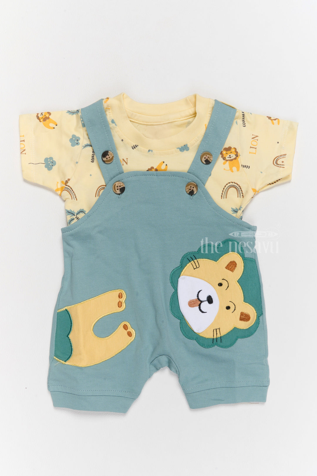 The Nesavu Baby Casual Sets Janmashtami Dress for Newborn Blue Lion-Themed Dungaree with Printed Yellow T-Shirt Nesavu 14 (6M) / Blue BCS194A-14 Janmashtami Dress Newborn Blue Lion Dungaree Printed T-Shirt | The Nesavu
