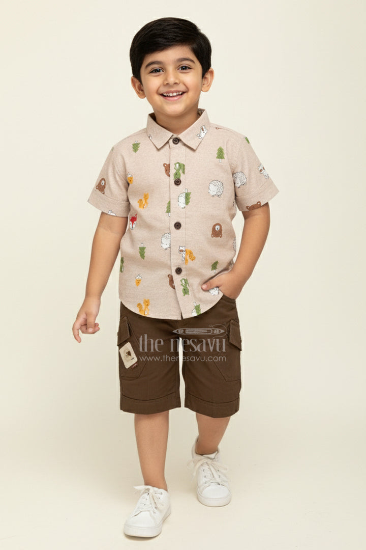The Nesavu Boys Casual Set Jungle Print Shirt and Cargo Shorts Set for Toddler Boys Nesavu 16 (1Y) / Cream BCS353A-16 Nesavu Jungle Animal Print Toddler Shirt Brown Cargo Shorts Set Soft Cotton Fabric