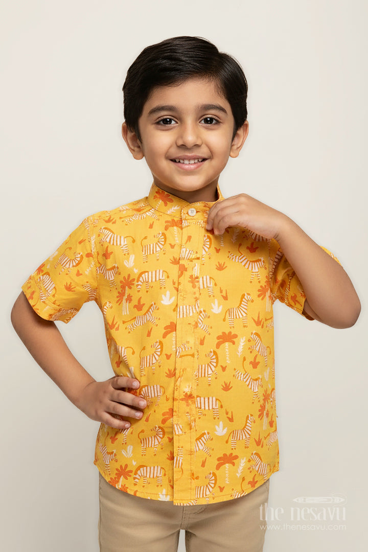 The Nesavu Boys Cotton Shirt Jungle Theme Boys Shirt in Soft Cotton Zebra & Tree Prints for Toddlers Nesavu 16 (1Y) / Yellow BS273A-16 Nesavu Toddler Boys Jungle Theme Cotton Shirt Zebra Tree Prints Everyday Adventure