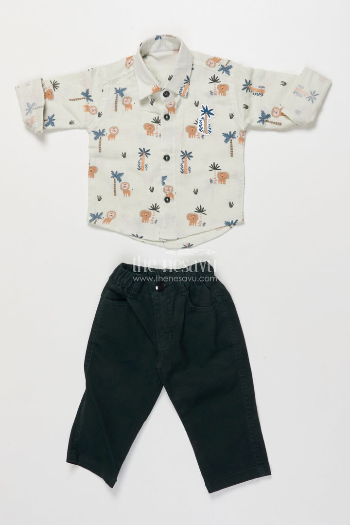 The Nesavu Boys Casual Set Jungle Theme Casual Outfit for Toddler Boys with Printed Shirt and Elastic Pants Nesavu 14 (6M) / Green BCS492B-14 Nesavu jungle theme toddler boys cotton casual outfit digital print shirt elastic pants