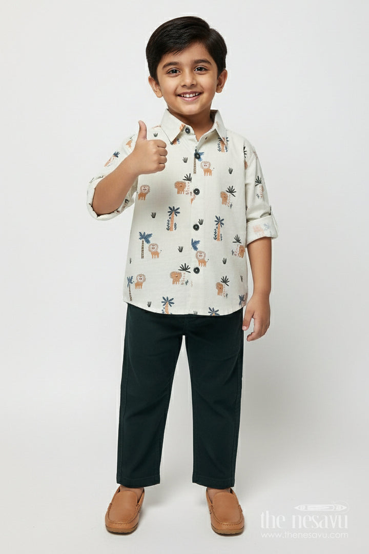 The Nesavu Boys Casual Set Jungle Theme Casual Outfit for Toddler Boys with Printed Shirt and Elastic Pants Nesavu 14 (6M) / Green BCS492B-14 Nesavu jungle theme toddler boys cotton casual outfit digital print shirt elastic pants