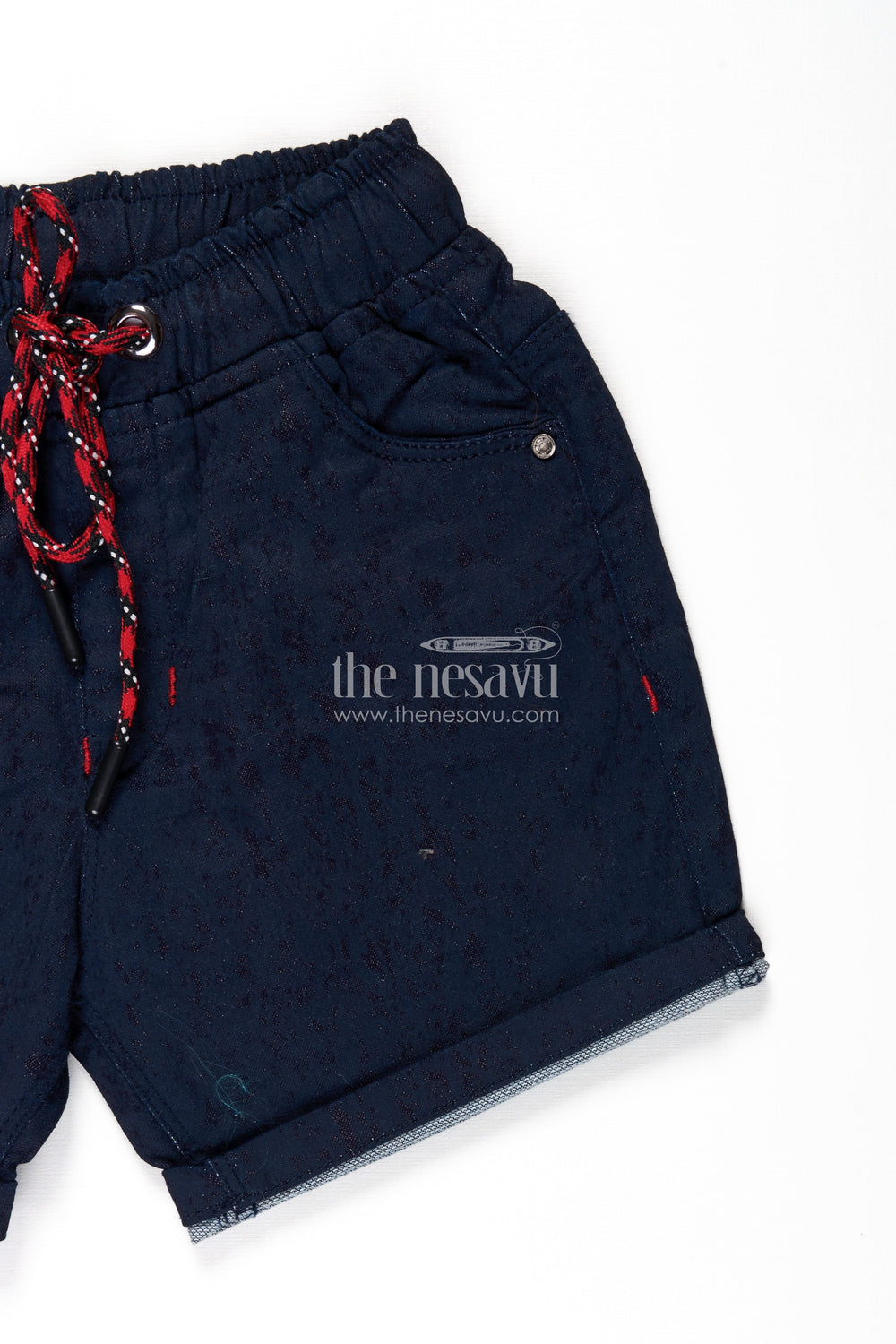 The Nesavu Boys Shorts Junior Boxer Shorts for Boys in Navy Cotton with Drawstring and Rolled Hems for a Sporty Look Nesavu Junior Boxer Shorts Boys Navy Cotton Red Drawstring Rolled Hem Design | The Nesavu