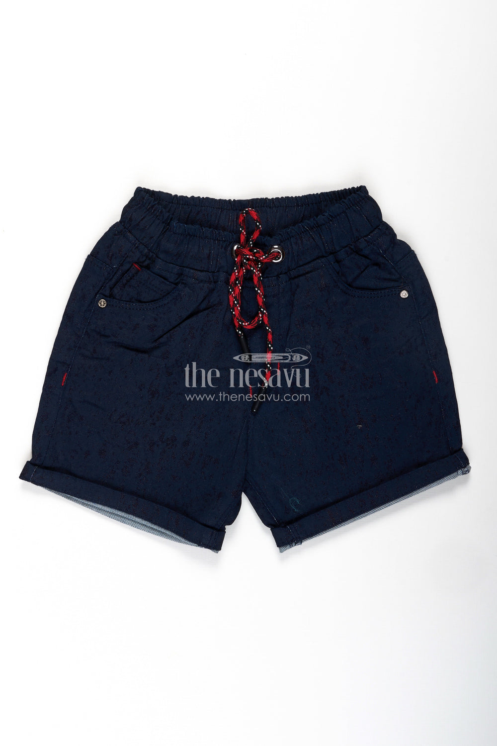 The Nesavu Boys Shorts Junior Boxer Shorts for Boys in Navy Cotton with Drawstring and Rolled Hems for a Sporty Look Nesavu Junior Boxer Shorts Boys Navy Cotton Red Drawstring Rolled Hem Design | The Nesavu