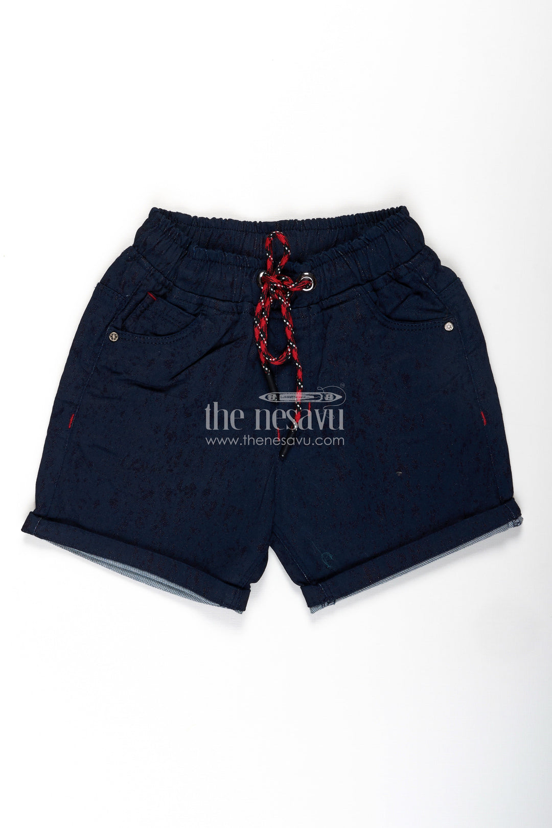 The Nesavu Boys Shorts Junior Boxer Shorts for Boys in Navy Cotton with Drawstring and Rolled Hems for a Sporty Look Nesavu Junior Boxer Shorts Boys Navy Cotton Red Drawstring Rolled Hem Design | The Nesavu