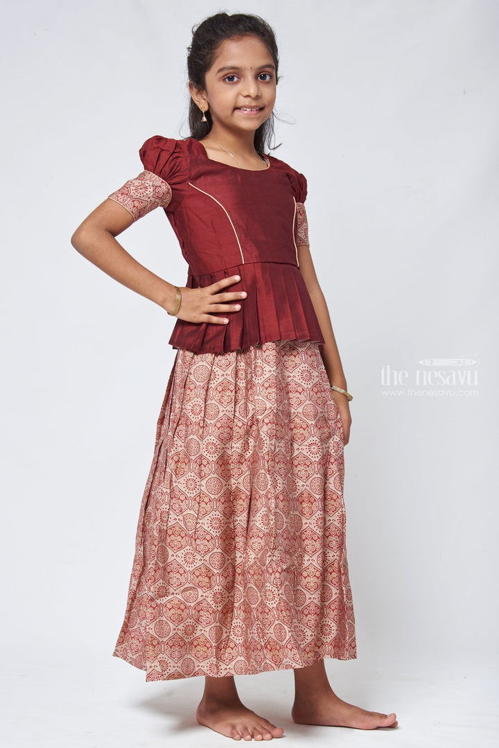 The Nesavu Pattu Pavadai Kalamkari Printed Beige Skirt with Brown Jacquard Silk Blouse for Girls Nesavu 16 (1Y) / Brown GPP287A-16 New model Pattu Pavadai | Silk Blouse for Girls | The Nesavu