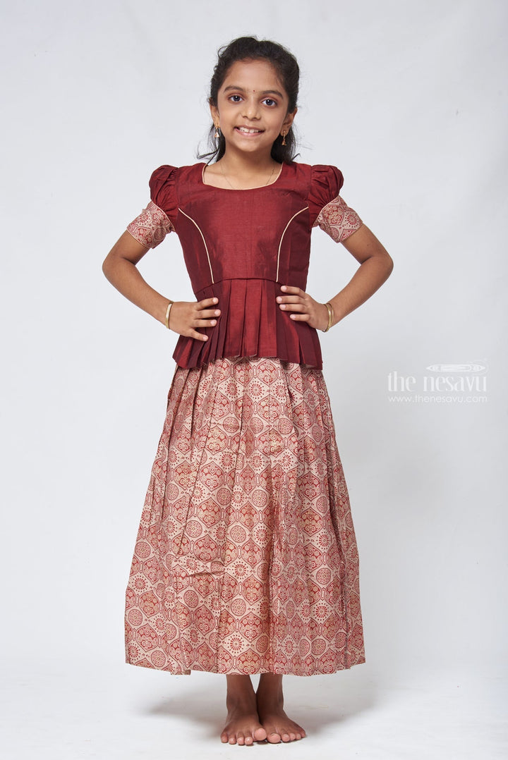 The Nesavu Pattu Pavadai Kalamkari Printed Beige Skirt with Brown Jacquard Silk Blouse for Girls Nesavu New model Pattu Pavadai | Silk Blouse for Girls | The Nesavu