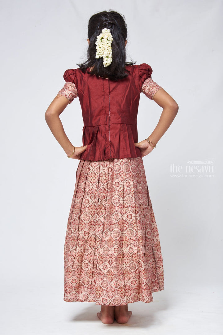 The Nesavu Pattu Pavadai Kalamkari Printed Beige Skirt with Brown Jacquard Silk Blouse for Girls Nesavu New model Pattu Pavadai | Silk Blouse for Girls | The Nesavu