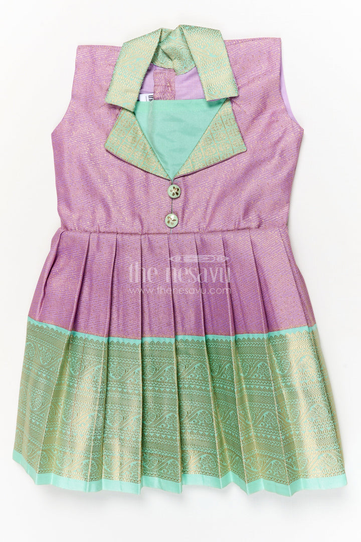 The Nesavu Girls Kanchi Silk Frock Kanchi Silk Frock for Girls for Traditional Birthdays and Festive Wear Nesavu 16 (1Y) / Purple / Silk Blend SF992AA-16 Nesavu kanchi silk frock for girls with pleated skirt and traditional zari weave
