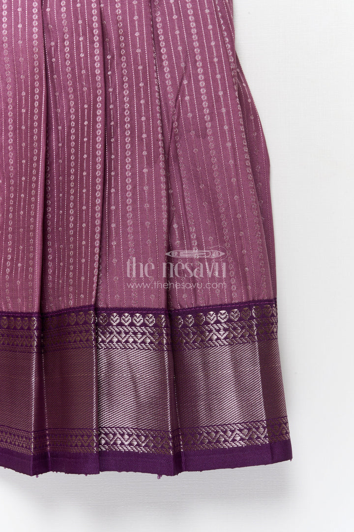 The Nesavu Girls Kanchi Silk Frock Kanchi Silk Frock for Girls for Weddings and Ethnic Celebrations Nesavu Nesavu Kanchi silk frock for girls with zari woven skirt and floral yoke – perfect for weddings and poojas