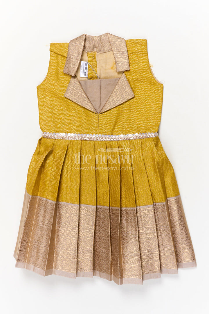 The Nesavu Girls Kanchi Silk Frock Kanchi Silk Frock for Toddler Girls for Traditional Birthday Celebrations Nesavu 16 (1Y) / Yellow / Silk Blend SF992BA-16 Nesavu Kanchi silk frock for toddler girls with zari pleats and stylish collar for festive events