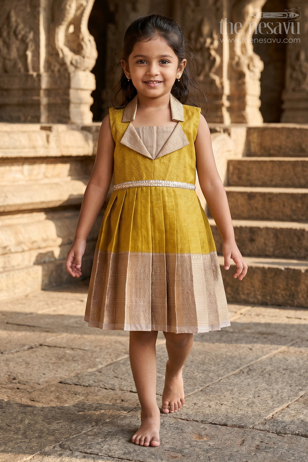 The Nesavu Girls Kanchi Silk Frock Kanchi Silk Frock for Toddler Girls for Traditional Birthday Celebrations Nesavu 16 (1Y) / Yellow / Silk Blend SF992BA-16 Nesavu Kanchi silk frock for toddler girls with zari pleats and stylish collar for festive events