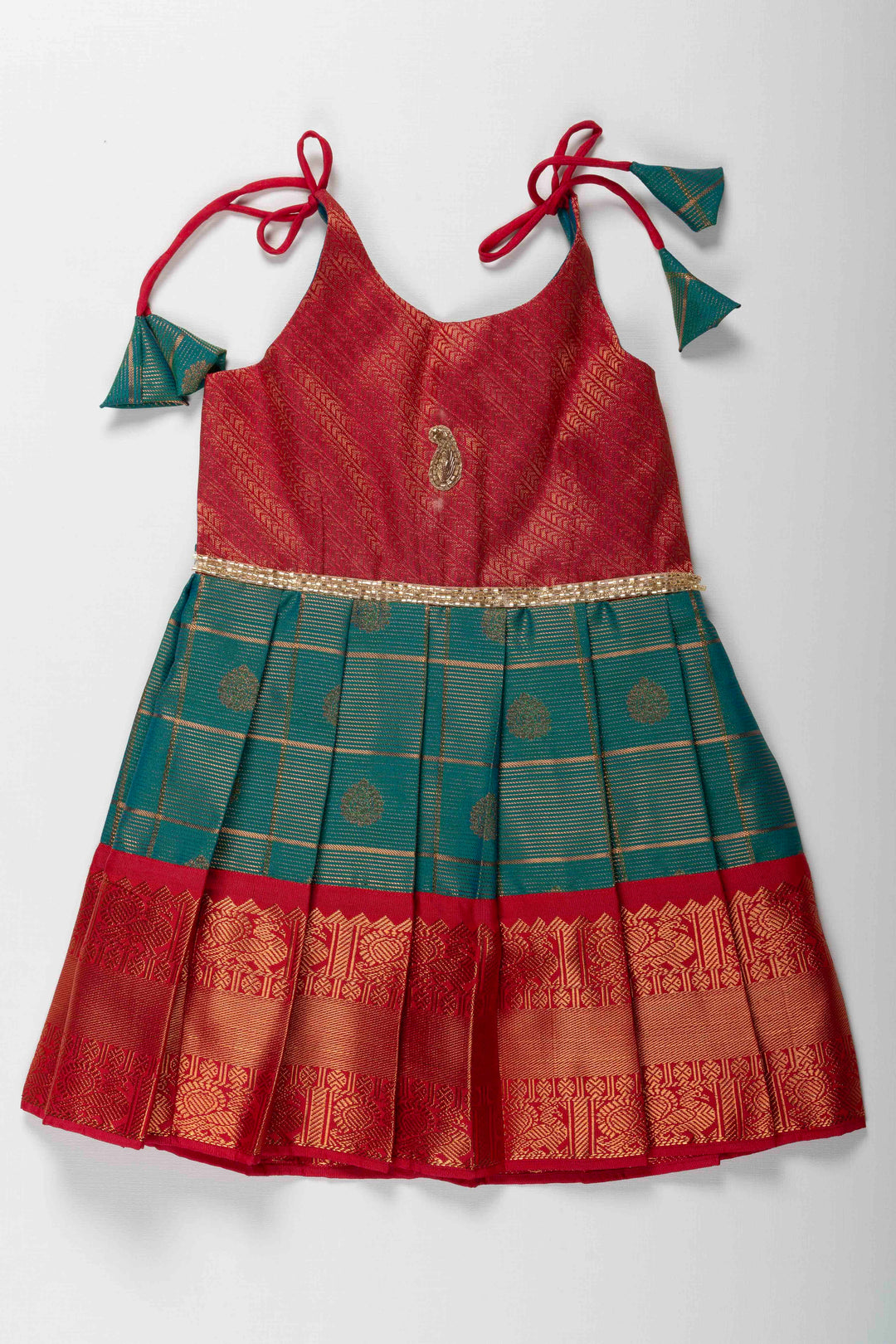 The Nesavu Tie-up Frock Kanchipuram Silk Tie-Up Frock for Infant Girls - Ideal for Barasala Nesavu 14 (6M) / Green / Style 1 T404A-14 Kanchipuram Silk Tie-Up Frock for Infant Girls - Perfect for Barasala