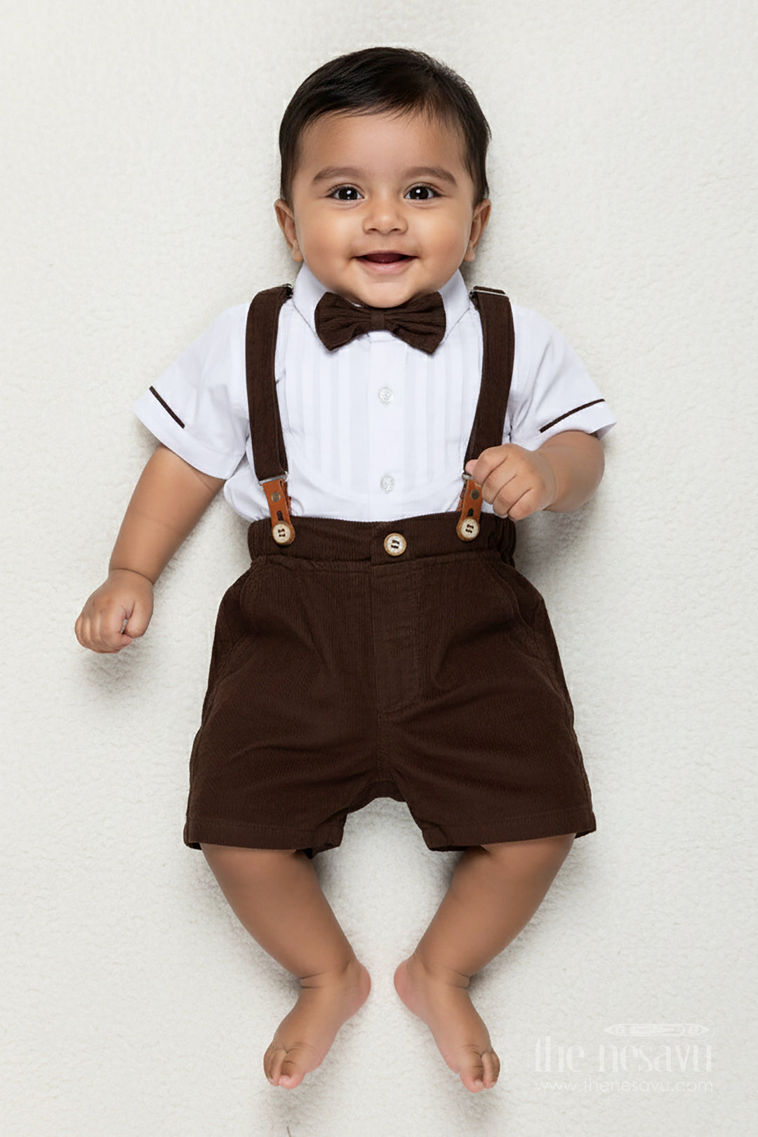 The Nesavu Boys Casual Set Kids Birthday Outfit Boy with White Pleated Shirt and Brown Corduroy Shorts with Black Bow Tie Nesavu 12 (3M) / Brown BCS320D-12 Nesavu Kids Birthday Outfit Boy White Pleated Shirt Brown Corduroy Shorts Black Bow Tie