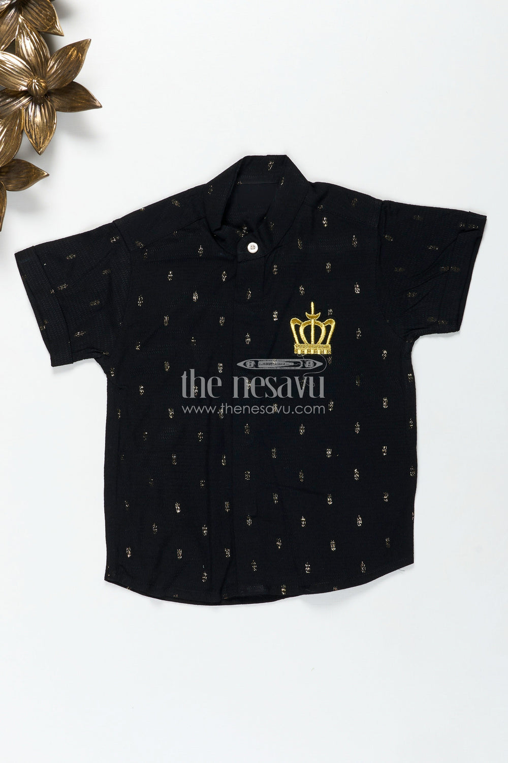 The Nesavu Boys Silk Shirt Kids Black Cotton Shirt with Crown Patch Embellishment in Semi Silk Blend for Stylish Young Boys Nesavu 16 (1Y) / Black BS285A-16 Nesavu Kids Black Cotton Shirt Semi Silk Blend Yellow Crown Patch Subtle Woven Motifs