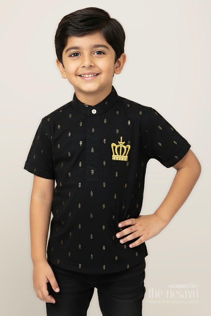 The Nesavu Boys Silk Shirt Kids Black Cotton Shirt with Crown Patch Embellishment in Semi Silk Blend for Stylish Young Boys Nesavu 16 (1Y) / Black BS285A-16 Nesavu Kids Black Cotton Shirt Semi Silk Blend Yellow Crown Patch Subtle Woven Motifs