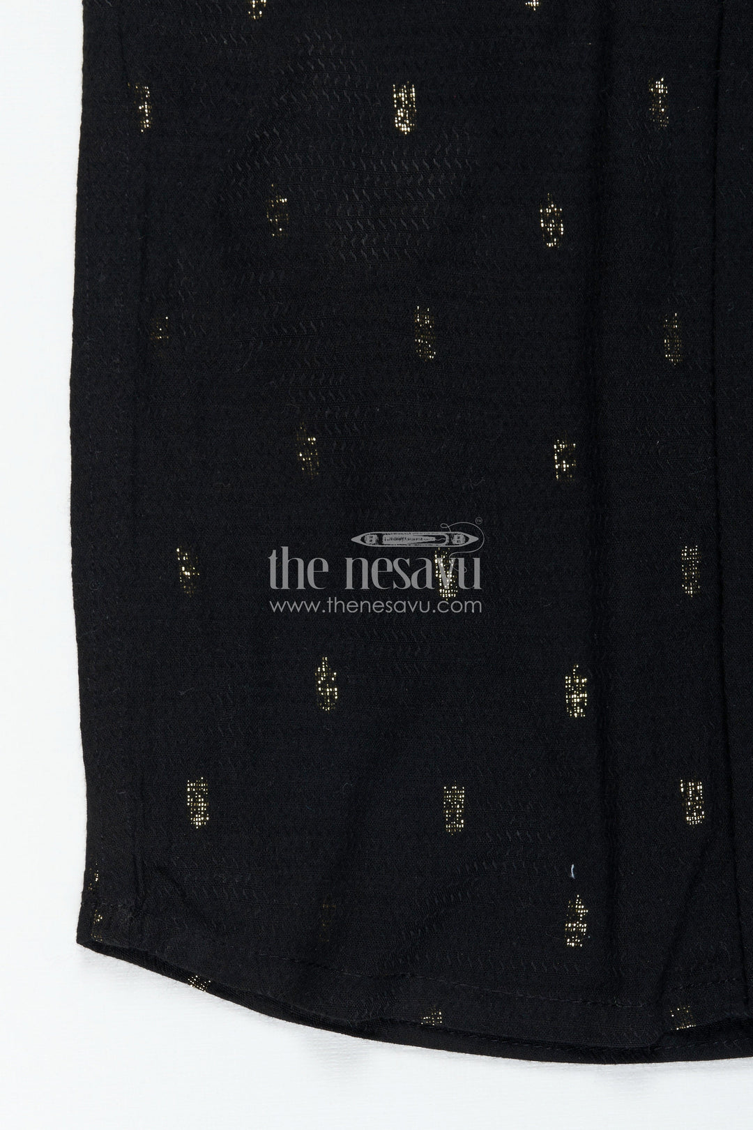 The Nesavu Boys Silk Shirt Kids Black Cotton Shirt with Crown Patch Embellishment in Semi Silk Blend for Stylish Young Boys Nesavu Nesavu Kids Black Cotton Shirt Semi Silk Blend Yellow Crown Patch Subtle Woven Motifs