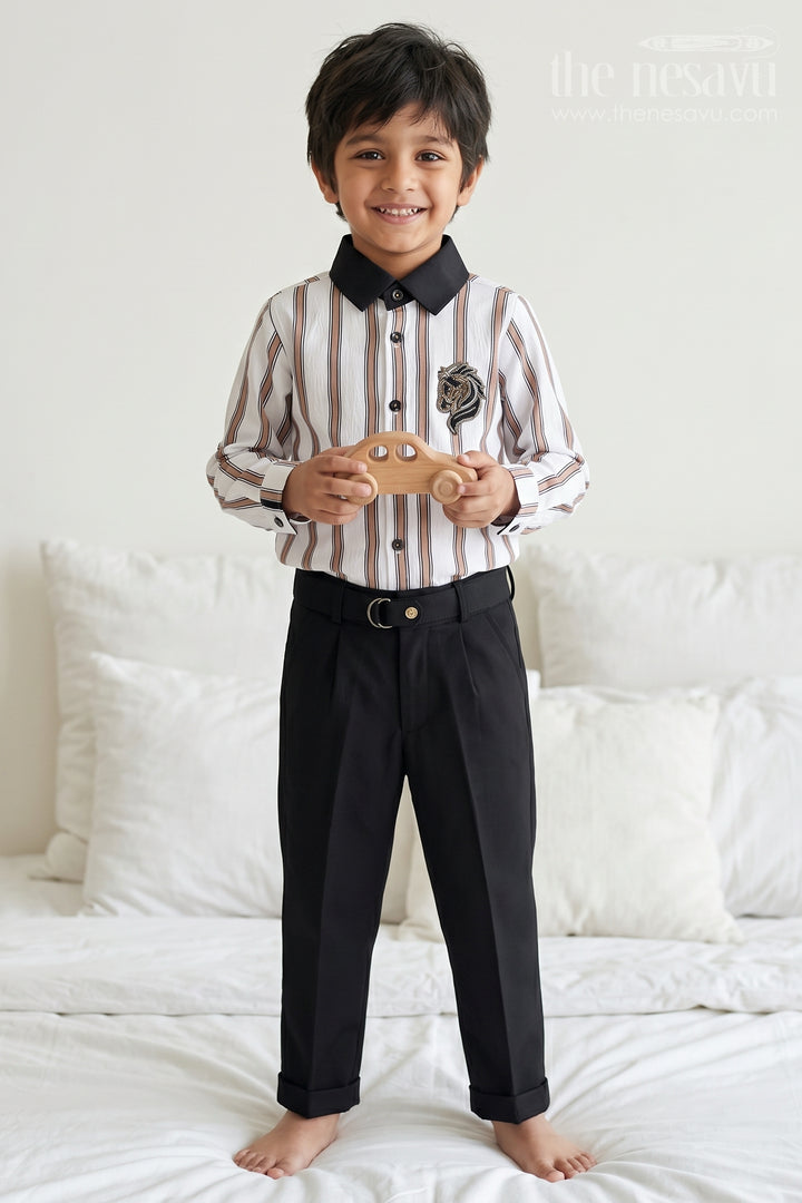 The Nesavu Boys Casual Set Kids Boys Striped Outfit Set for Outings and Everyday Styling Nesavu 16 (1Y) / Pink / Cotton BCS603C-16 Nesavu Kids Boys Striped Outfit Set For Outings Cotton Blend Shirt And Pants Everyday Wear