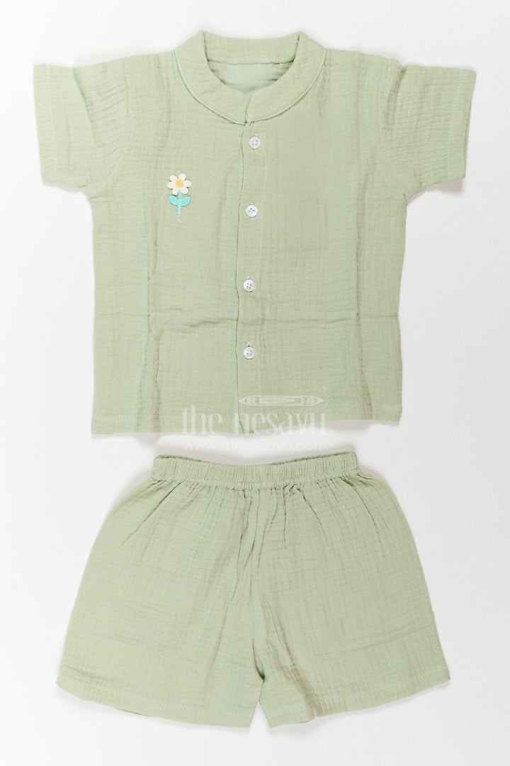 The Nesavu Night Dress Kids Breathable Pajama Set for Summer Sleep and Relaxed Mornings Nesavu 18 (2Y) / Green / Muslin NS086A-18 Nesavu Kids Breathable Muslin Pajama Set For Summer Sleep Relaxed Mornings With Floral Embroidered Top