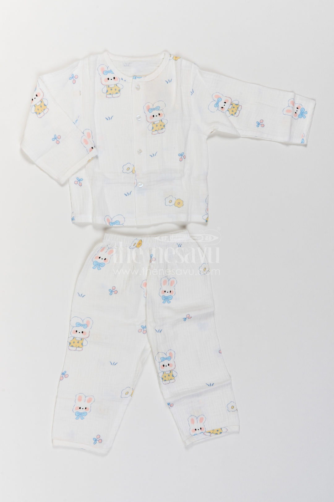 The Nesavu Night Dress Kids Bunny Print Night Suit for Cosy Bedtime and Sleepovers Nesavu 18 (2Y) / White / Muslin NS087A-18 Nesavu Kids Bunny Print Muslin Night Suit For Cosy Bedtime Sleepovers With Full Length Pajama Pants