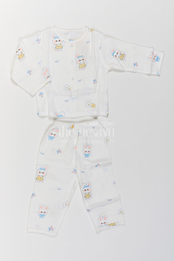 The Nesavu Night Dress Kids Bunny Print Night Suit for Cosy Bedtime and Sleepovers Nesavu 18 (2Y) / White / Muslin NS087A-18 Nesavu Kids Bunny Print Muslin Night Suit For Cosy Bedtime Sleepovers With Full Length Pajama Pants