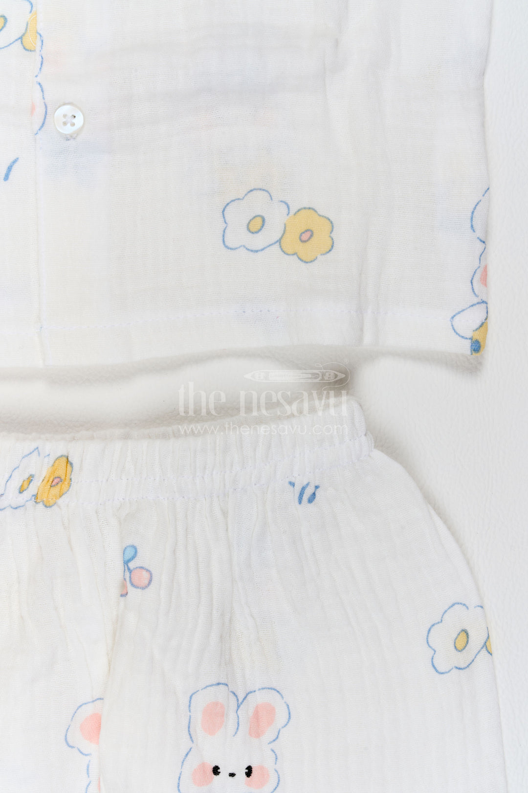 The Nesavu Night Dress Kids Bunny Print Night Suit for Cosy Bedtime and Sleepovers Nesavu Nesavu Kids Bunny Print Muslin Night Suit For Cosy Bedtime Sleepovers With Full Length Pajama Pants