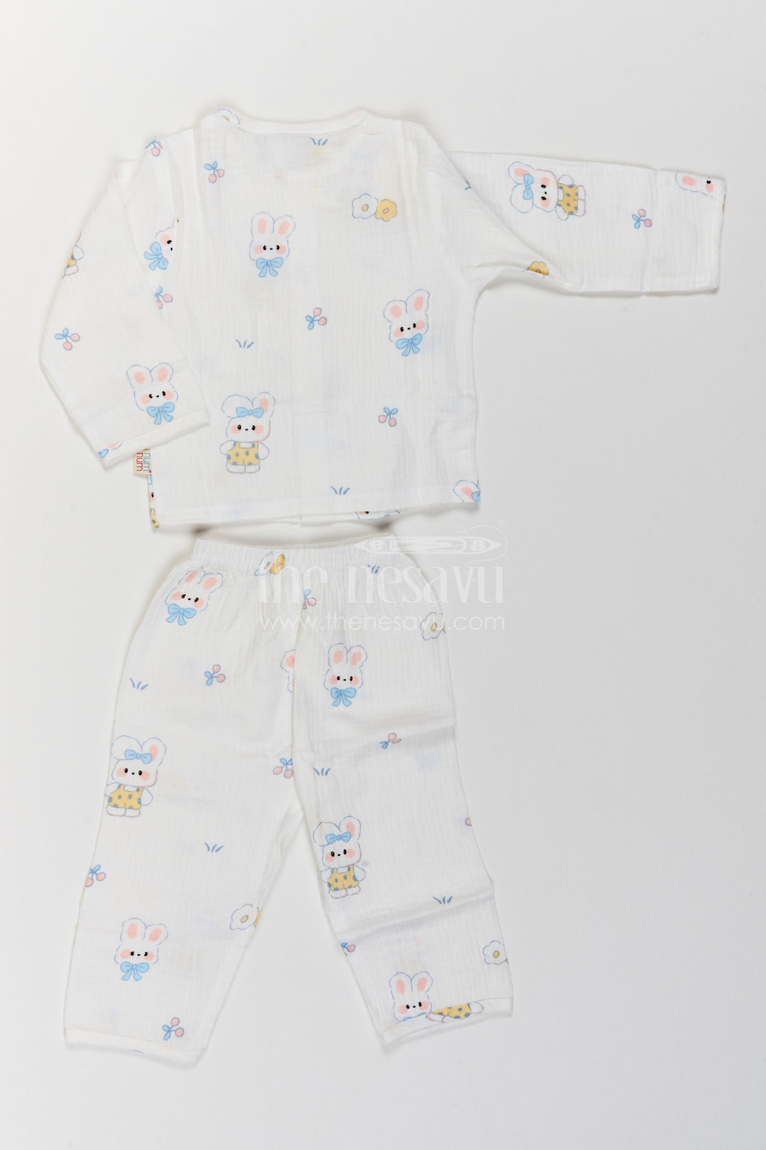 The Nesavu Night Dress Kids Bunny Print Night Suit for Cosy Bedtime and Sleepovers Nesavu Nesavu Kids Bunny Print Muslin Night Suit For Cosy Bedtime Sleepovers With Full Length Pajama Pants