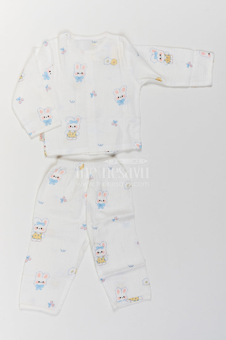 The Nesavu Night Dress Kids Bunny Print Night Suit for Cosy Bedtime and Sleepovers Nesavu Nesavu Kids Bunny Print Muslin Night Suit For Cosy Bedtime Sleepovers With Full Length Pajama Pants