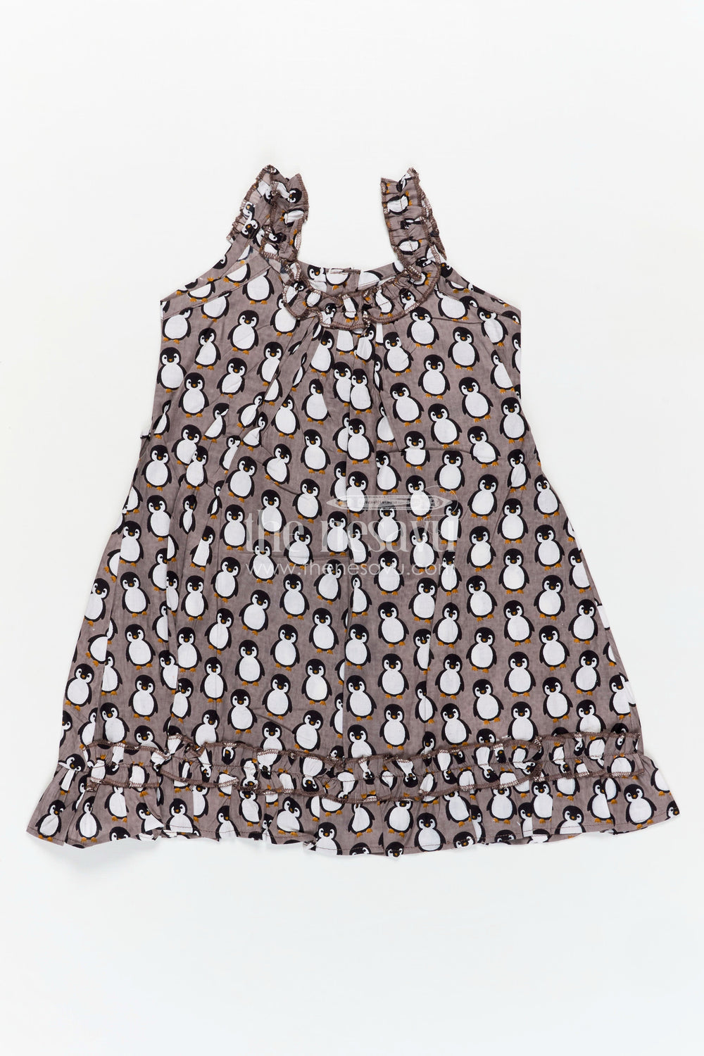 The Nesavu Girls Cotton Frock Kids Casual Cotton Printed Frock for Girls with Brown Penguin Block Print and Frilled Shoulders Nesavu 18 (2Y) / Black GFC1796B-18 Nesavu Brown Hand Block Kids Casual Cotton Printed Frock Penguin Motifs Ruffled Design
