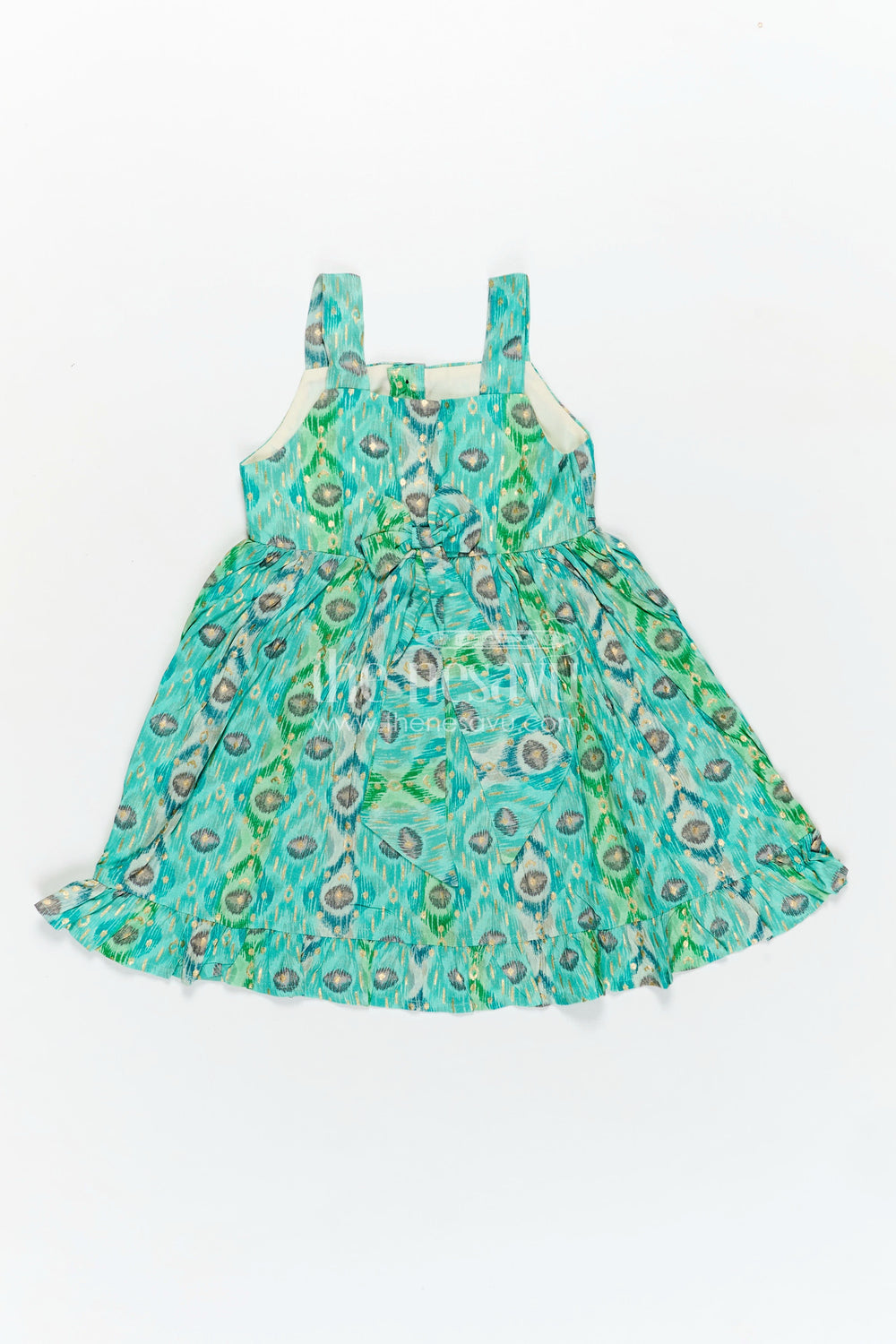 The Nesavu Girls Fancy Frock Kids Casual Printed Frock in Green Modal Silk with Ruffles and Playful Digital Pattern Nesavu 18 (2Y) / Green GFC1791B-18 Nesavu Green Kids Casual Printed Frock Modal Silk Ruffles Bow Everyday Comfort