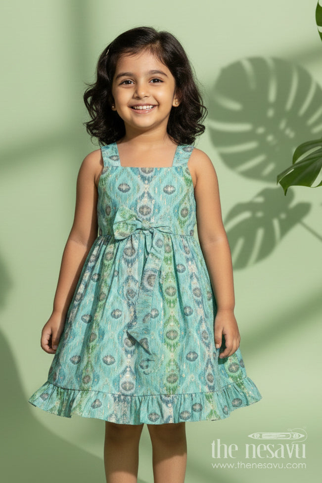 The Nesavu Girls Fancy Frock Kids Casual Printed Frock in Green Modal Silk with Ruffles and Playful Digital Pattern Nesavu 18 (2Y) / Green GFC1791B-18 Nesavu Green Kids Casual Printed Frock Modal Silk Ruffles Bow Everyday Comfort