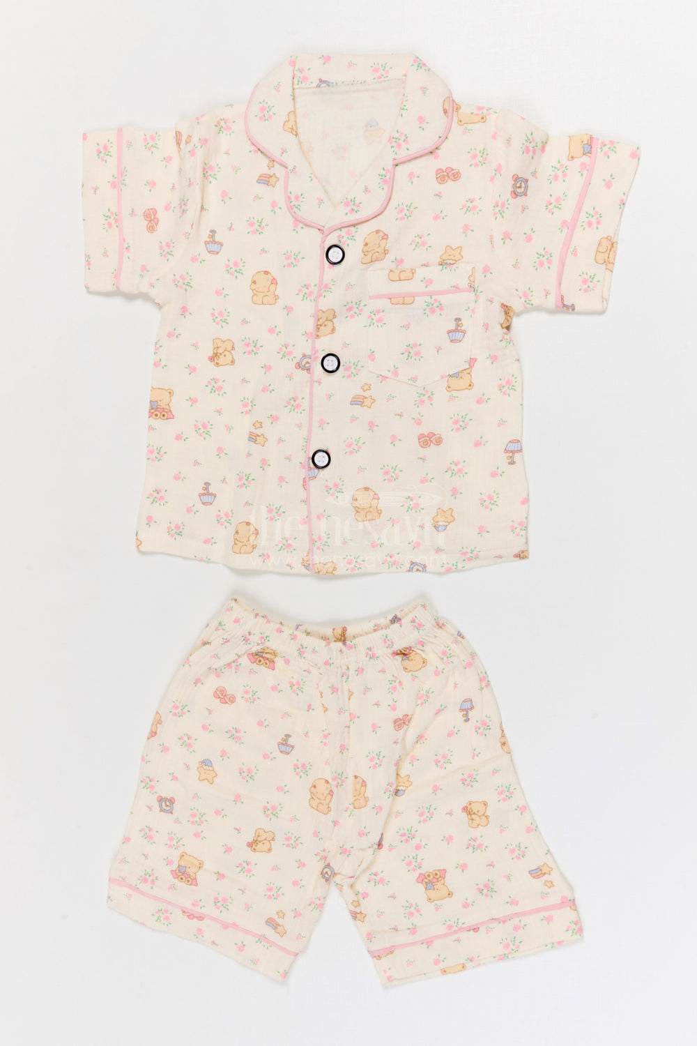 The Nesavu Night Dress Kids Cotton Night Suit for Comfortable Summer Sleep Nesavu 16 (1Y) / Multicolor / Muslin Cotton NS051A-16 Nesavu Kids Muslin Cotton Night Suit With Floral Digital Print For Summer Sleepwear
