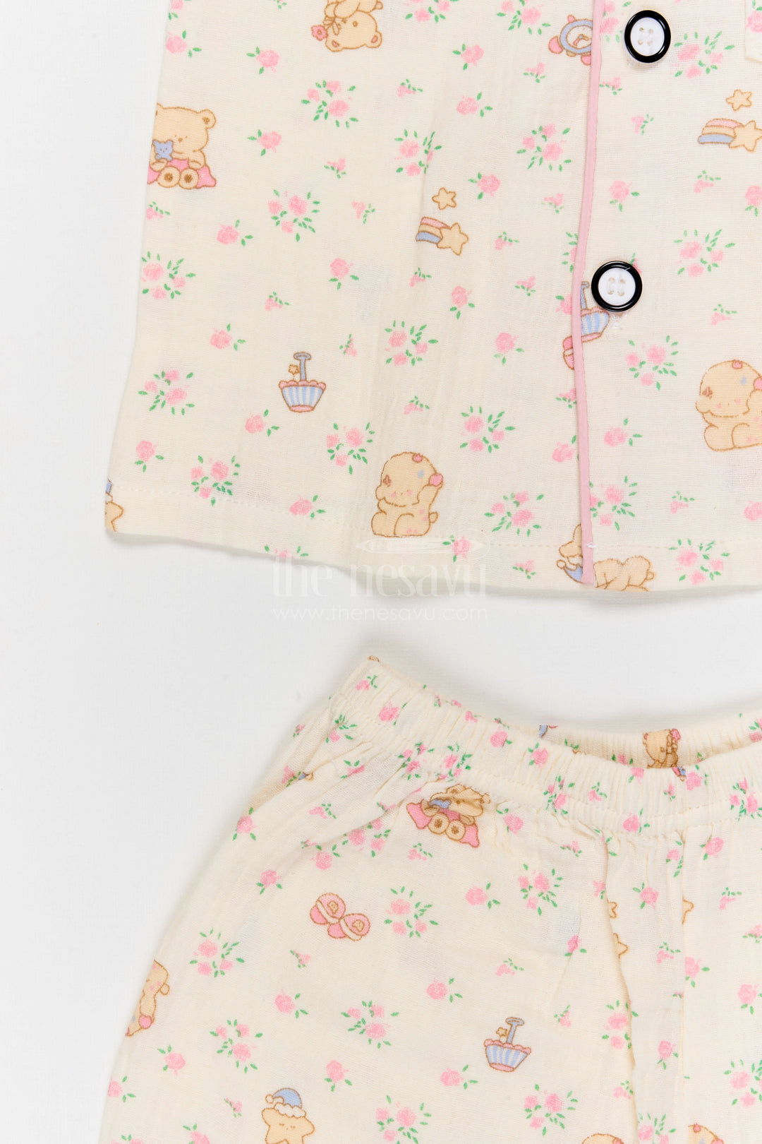 The Nesavu Night Dress Kids Cotton Night Suit for Comfortable Summer Sleep Nesavu Nesavu Kids Muslin Cotton Night Suit With Floral Digital Print For Summer Sleepwear