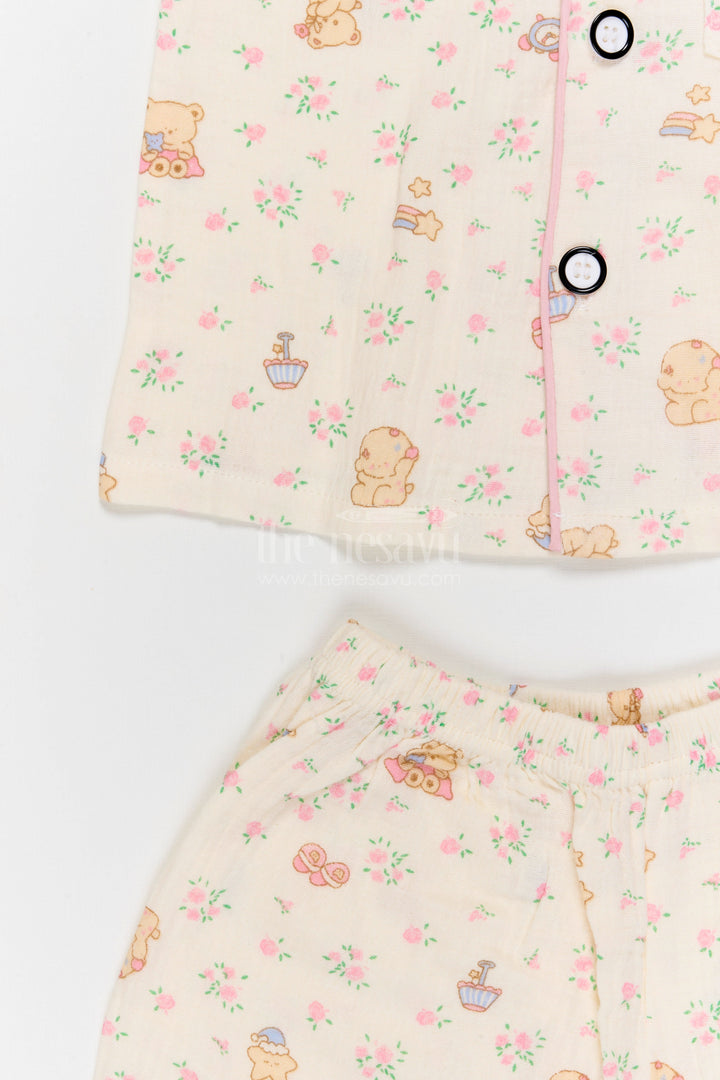 The Nesavu Night Dress Kids Cotton Night Suit for Comfortable Summer Sleep Nesavu Nesavu Kids Muslin Cotton Night Suit With Floral Digital Print For Summer Sleepwear