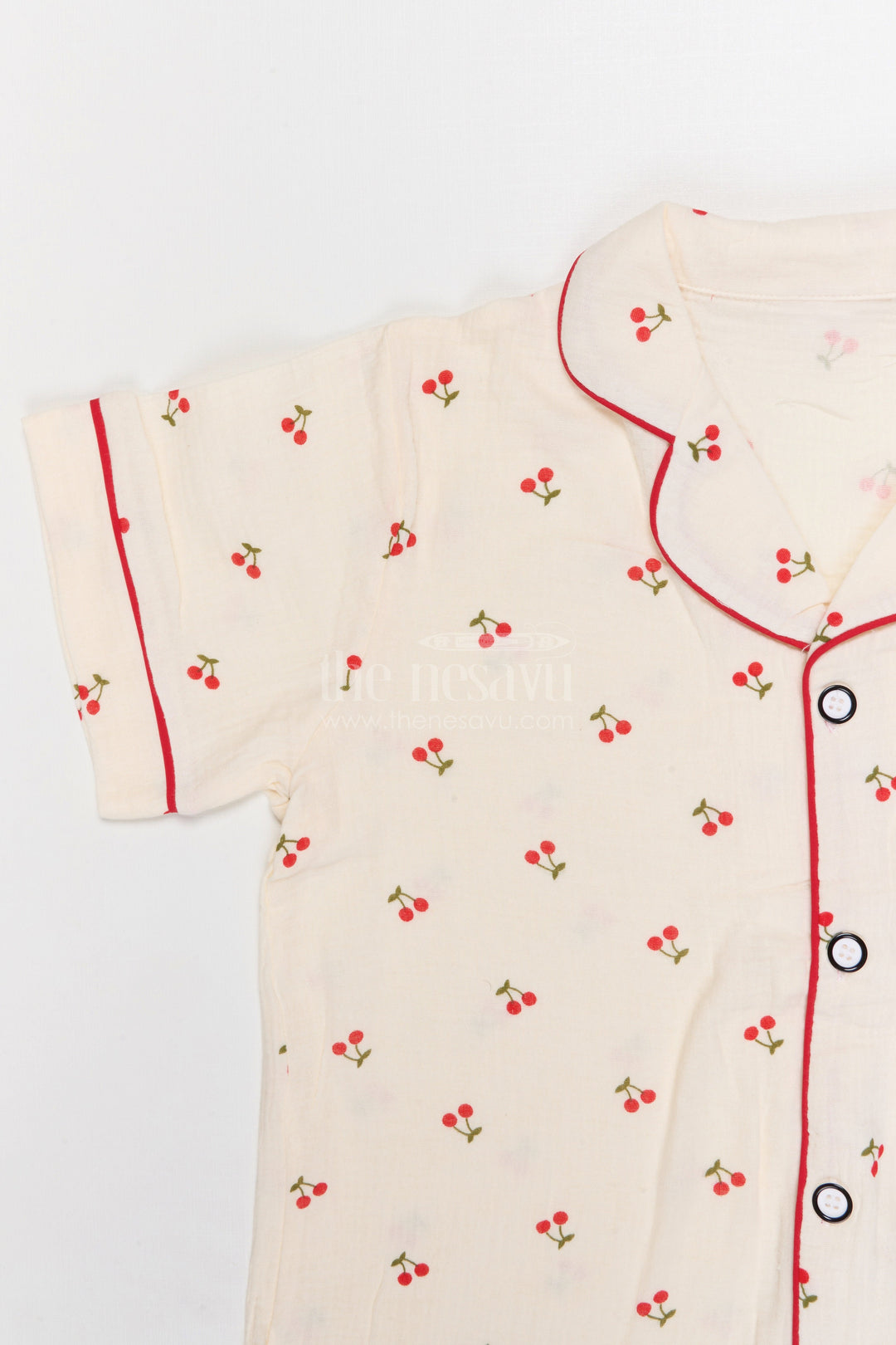 The Nesavu Night Dress Kids Cotton Night Suit for Daily Sleep and Lounge Wear Nesavu Nesavu Kids Muslin Cotton Night Suit With Cherry Print For Summer Sleepwear
