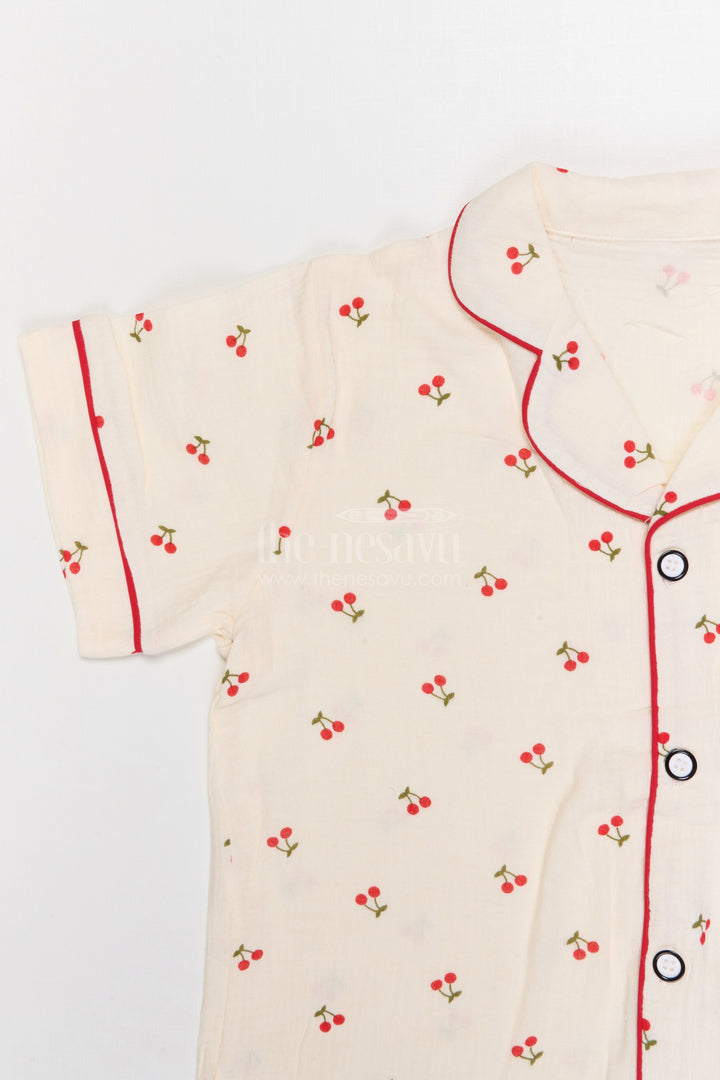 The Nesavu Night Dress Kids Cotton Night Suit for Daily Sleep and Lounge Wear Nesavu Nesavu Kids Muslin Cotton Night Suit With Cherry Print For Summer Sleepwear