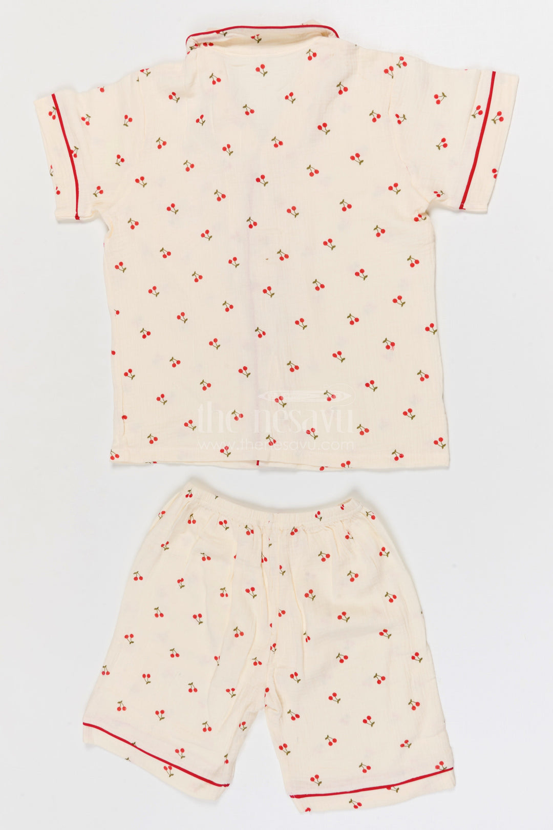 The Nesavu Night Dress Kids Cotton Night Suit for Daily Sleep and Lounge Wear Nesavu Nesavu Kids Muslin Cotton Night Suit With Cherry Print For Summer Sleepwear