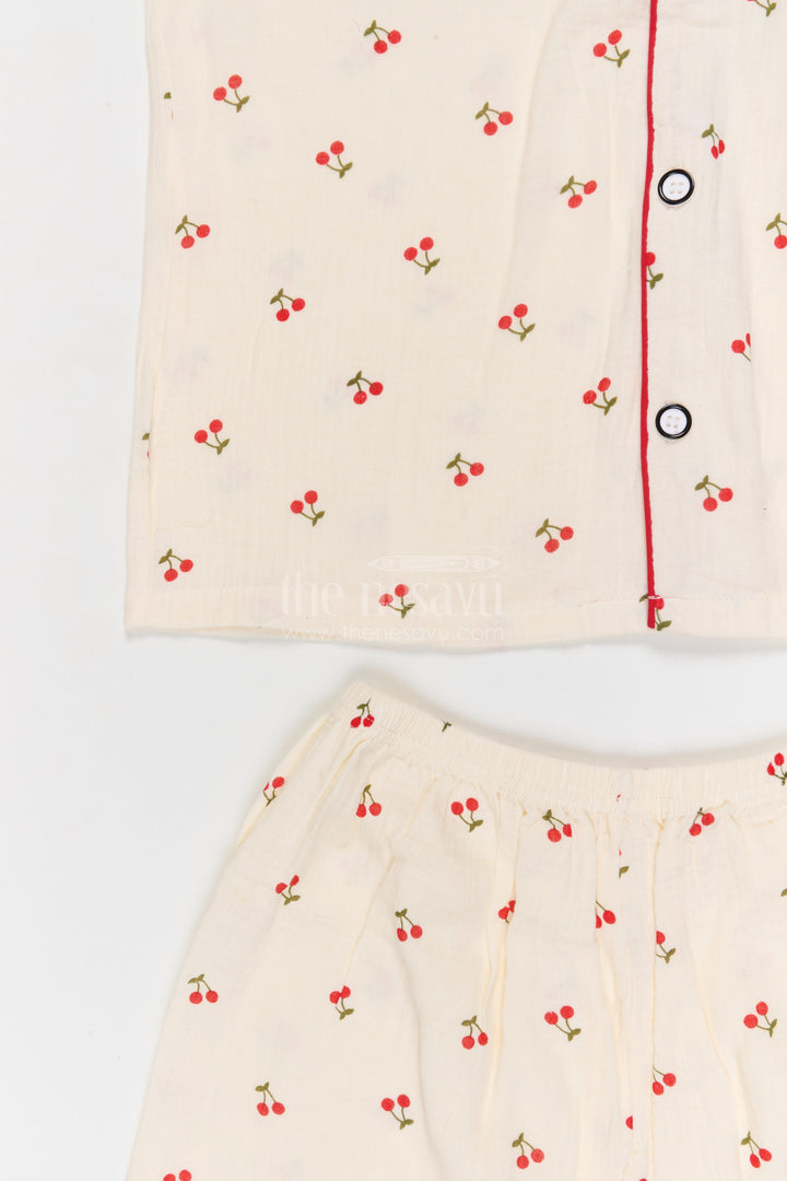 The Nesavu Night Dress Kids Cotton Night Suit for Daily Sleep and Lounge Wear Nesavu Nesavu Kids Muslin Cotton Night Suit With Cherry Print For Summer Sleepwear