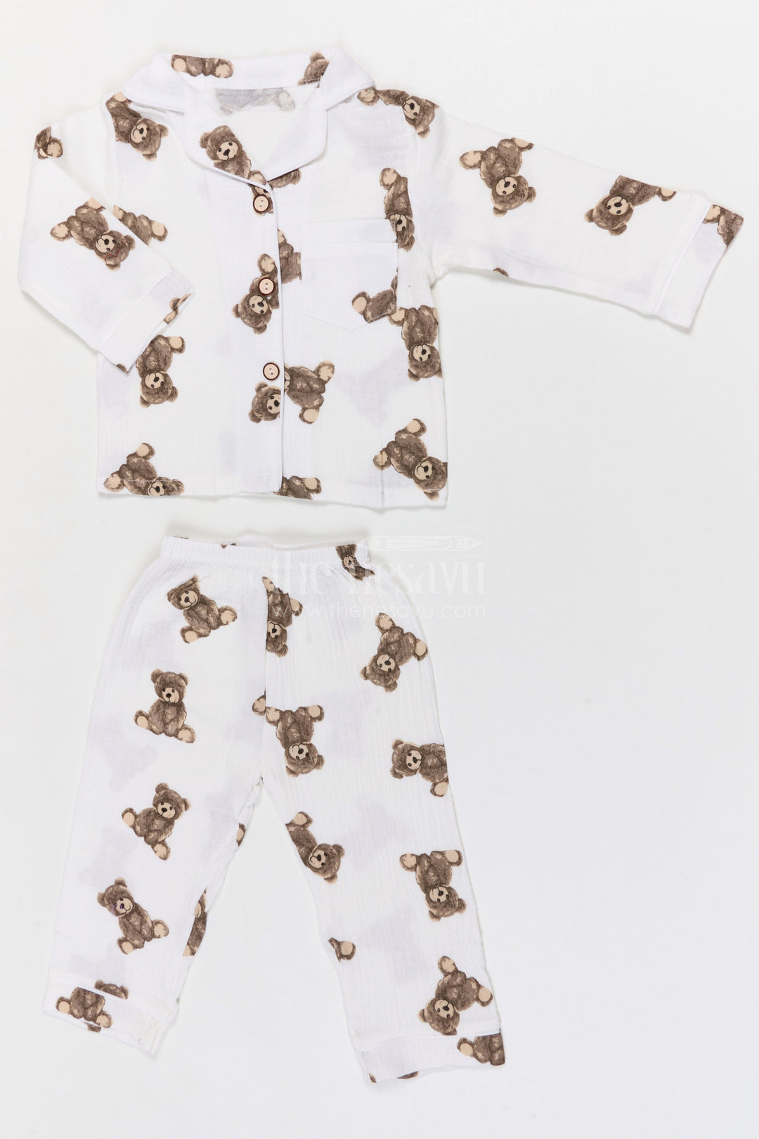 The Nesavu Night Dress Kids Cotton Night Suit for Daily Sleepwear Comfort Nesavu 16 (1Y) / Cream / Muslin Cotton NS050A-16 Nesavu Kids Muslin Cotton Night Suit With Digital Print For Everyday Sleepwear