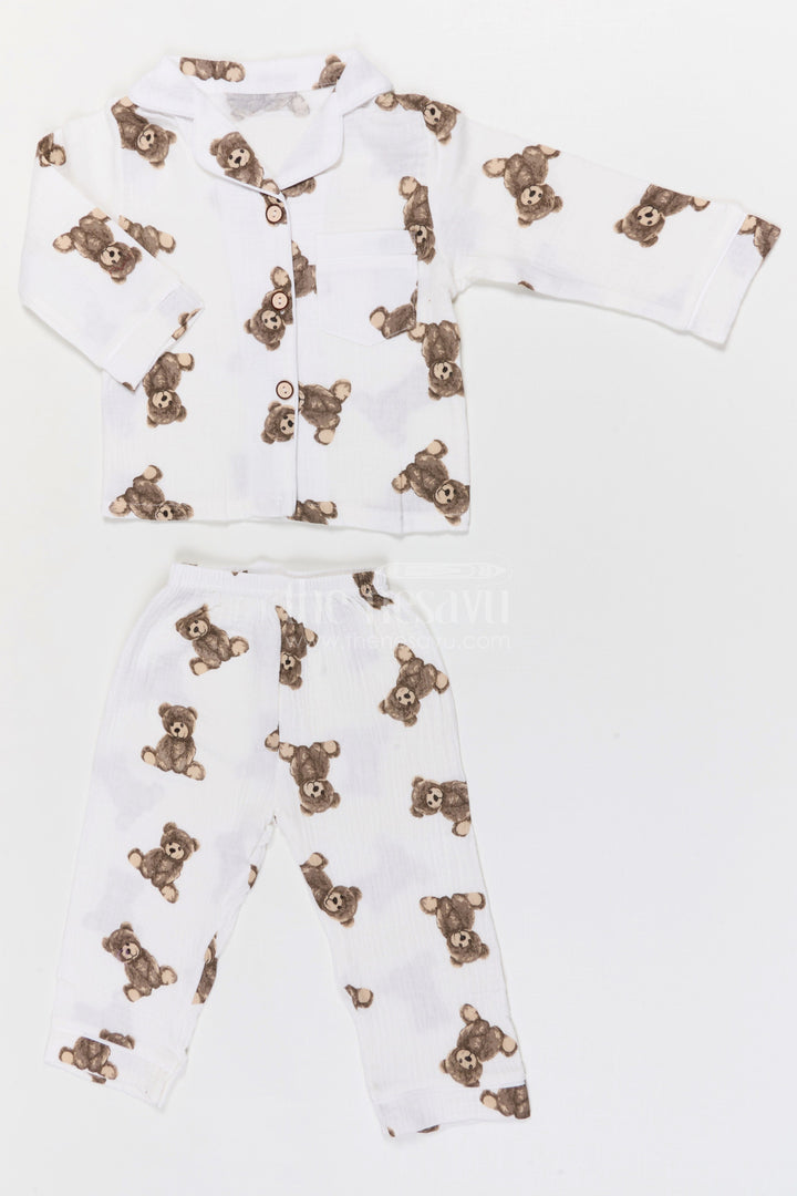 The Nesavu Night Dress Kids Cotton Night Suit for Daily Sleepwear Comfort Nesavu 16 (1Y) / Cream / Muslin Cotton NS050A-16 Nesavu Kids Muslin Cotton Night Suit With Digital Print For Everyday Sleepwear