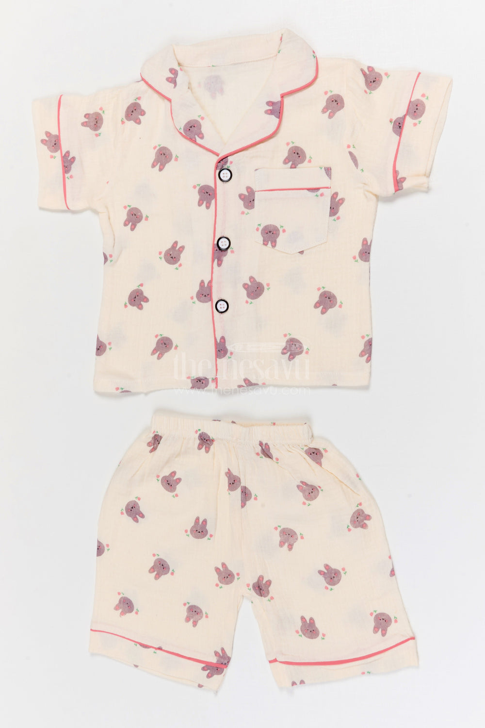 The Nesavu Night Dress Kids Cotton Night Suit with Bunny Print for Bedtime Nesavu 16 (1Y) / Cream / Muslin Cotton NS054A-16 Nesavu Kids Muslin Cotton Bunny Print Night Suit For Comfortable Sleepwear